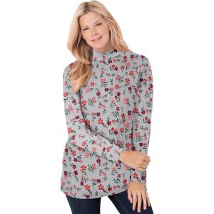 Woman Within Plus Size Perfect Printed Long-Sleeve Mockneck Tee(Heather Grey Red Pretty Floral)