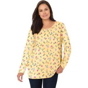 Woman Within Plus Size Perfect Printed Long-Sleeve V-Neck Tee(Banana Tulip Flowers)