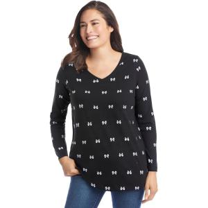 Woman Within Plus Size Perfect Printed Long-Sleeve V-Neck Tee(Black Sweet Bows)