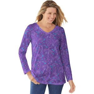 Woman Within Plus Size Perfect Printed Long-Sleeve V-Neck Tee(Petal Purple Floral Paisley)