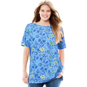 Woman Within Plus Size Perfect Printed Short-Sleeve Boatneck Tunic(French Blue Jacquard Floral)