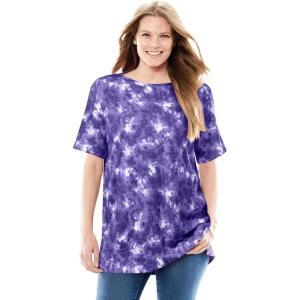 Woman Within Plus Size Perfect Printed Short-Sleeve Boatneck Tunic(Petal Purple Tie Dye)