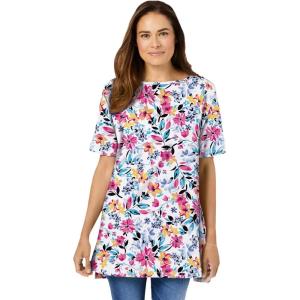 Woman Within Plus Size Perfect Printed Short-Sleeve Boatneck Tunic(White Painterly Bloom)