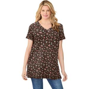 Woman Within Plus Size Perfect Printed Short-Sleeve Shirred V-Neck Tunic(Chocolate Jasmine)