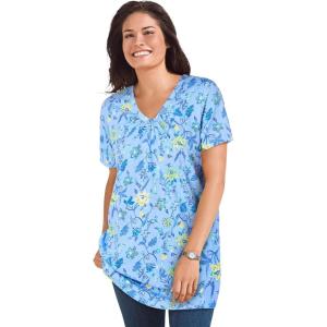 Woman Within Plus Size Perfect Printed Short-Sleeve Shirred V-Neck Tunic(French Blue Jacquard Floral)