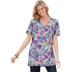 Woman Within Plus Size Perfect Printed Short-Sleeve Shirred V-Neck Tunic(Heather Grey Field Floral)