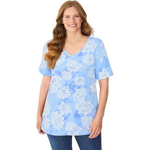 Woman Within Plus Size Perfect Printed Short-Sleeve V-Neck Tee(French Blue Soft Lotus)