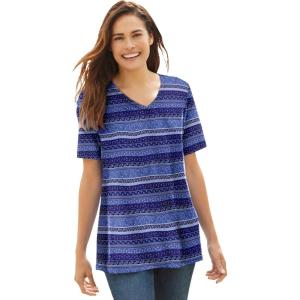 Woman Within Plus Size Perfect Printed Short-Sleeve V-Neck Tee(Navy Patchwork Stripe)