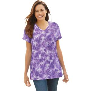 Woman Within Plus Size Perfect Printed Short-Sleeve V-Neck Tee(Petal Purple Tie Dye)