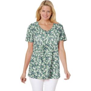 Woman Within Plus Size Perfect Printed Short-Sleeve V-Neck Tee(Sage Blossom Vine)
