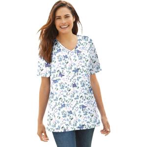Woman Within Plus Size Perfect Printed Short-Sleeve V-Neck Tee(White Butterflies)