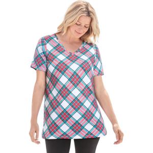Woman Within Plus Size Perfect Printed Short-Sleeve V-Neck Tee(White Red Plaid)