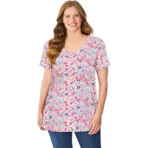 Woman Within Plus Size Perfect Printed Short-Sleeve V-Neck Tee(White Swirl Ditsy)