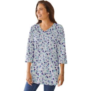 Woman Within Plus Size Perfect Printed Three-Quarter-Sleeve V-Neck Tunic(Heather Grey Pretty Floral)
