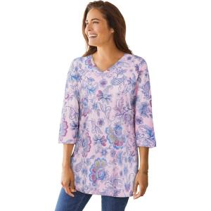 Woman Within Plus Size Perfect Printed Three-Quarter-Sleeve V-Neck Tunic(Pink Tie Dye Batik)