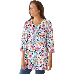 Woman Within Plus Size Perfect Printed Three-Quarter-Sleeve V-Neck Tunic(White Painterly Bloom)
