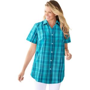 Woman Within Plus Size Perfect Short Sleeve Button-Down Shirt Oversized Tunic Blouse(Aquamarine Plaid)