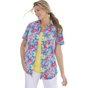 Woman Within Plus Size Perfect Short Sleeve Button-Down Shirt Oversized Tunic Blouse(Azure Watercolor Flower)