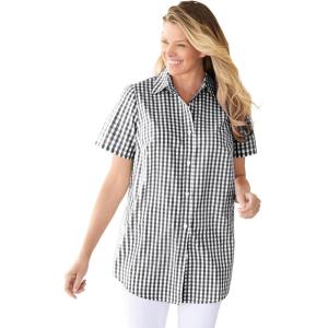 Woman Within Plus Size Perfect Short Sleeve Button-Down Shirt Oversized Tunic Blouse(Original Black Gingham)