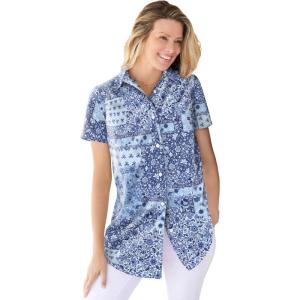Woman Within Plus Size Perfect Short Sleeve Button-Down Shirt Oversized Tunic Blouse(Original French Blue Patched Paisley)