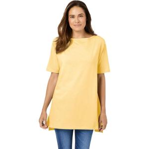 Woman Within Plus Size Perfect Short-Sleeve Boatneck Tunic(Banana)