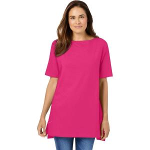 Woman Within Plus Size Perfect Short-Sleeve Boatneck Tunic(Raspberry Sorbet)