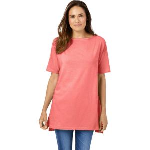 Woman Within Plus Size Perfect Short-Sleeve Boatneck Tunic(Sweet Coral)