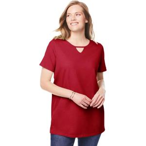 Woman Within Plus Size Perfect Short-Sleeve Keyhole Tee(Classic Red)