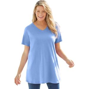 Woman Within Plus Size Perfect Short-Sleeve V-Neck Tunic(French Blue)