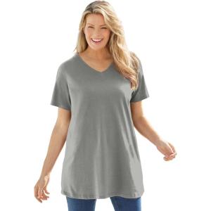Woman Within Plus Size Perfect Short-Sleeve V-Neck Tunic(Medium Heather Grey)