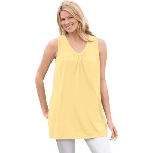 Woman Within Plus Size Perfect Sleeveless Shirred V-Neck Tunic(Banana)