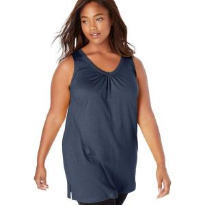 Woman Within Plus Size Perfect Sleeveless Shirred V-Neck Tunic(Navy)