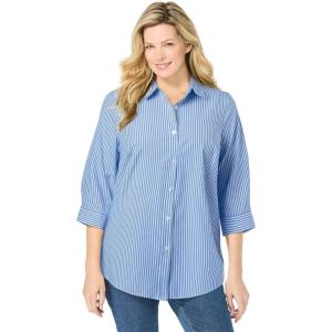 Woman Within Plus Size Perfect Three Quarter Sleeve Shirt(French Blue Stripe)