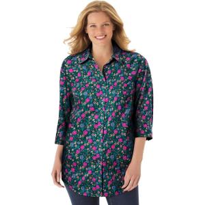 Woman Within Plus Size Perfect Three Quarter Sleeve Shirt(Green Pansy Ditsy)
