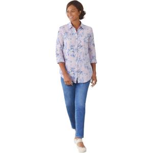 Woman Within Plus Size Perfect Three Quarter Sleeve Shirt(Pink Stamp Botanical)