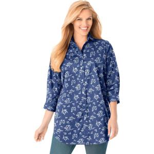 Woman Within Plus Size Perfect Three Quarter Sleeve Shirt(Royal Navy Linear Floral)
