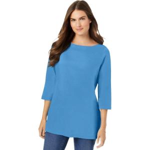 Woman Within Plus Size Perfect Three-Quarter Sleeve Boatneck Tee(Azure Blue)
