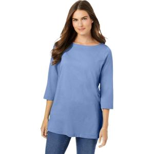 Woman Within Plus Size Perfect Three-Quarter Sleeve Boatneck Tee(French Blue)