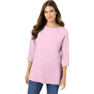 Woman Within Plus Size Perfect Three-Quarter Sleeve Boatneck Tee(Pink)