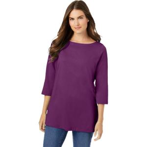 Woman Within Plus Size Perfect Three-Quarter Sleeve Boatneck Tee(Plum Purple)