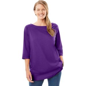 Woman Within Plus Size Perfect Three-Quarter Sleeve Boatneck Tee(Radiant Purple)