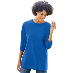 Woman Within Plus Size Perfect Three-Quarter Sleeve Crewneck Tee(Bright Cobalt)