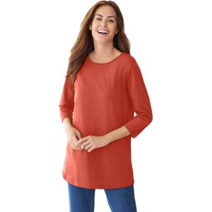 Woman Within Plus Size Perfect Three-Quarter Sleeve Crewneck Tee(Burnt Red)