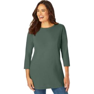 Woman Within Plus Size Perfect Three-Quarter Sleeve Crewneck Tee(Pine)