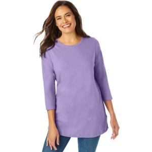 Woman Within Plus Size Perfect Three-Quarter Sleeve Crewneck Tee(Soft Iris)