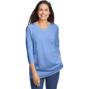 Woman Within Plus Size Perfect Three-Quarter Sleeve V-Neck Tee (Petite Available)(French Blue)