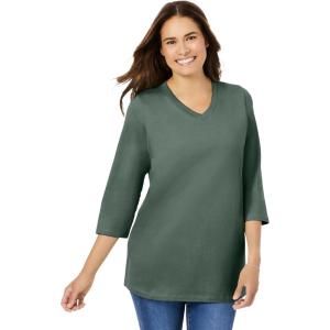 Woman Within Plus Size Perfect Three-Quarter Sleeve V-Neck Tee (Petite Available)(Pine)