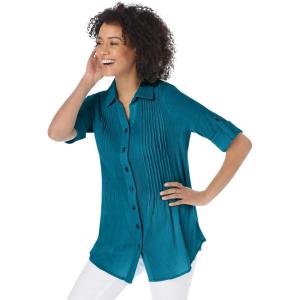 Woman Within Plus Size Pintucked Button Down Gauze Shirt(Deep Teal)