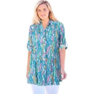 Woman Within Plus Size Pintucked Button Down Gauze Shirt(Pink Watercolor Palms)
