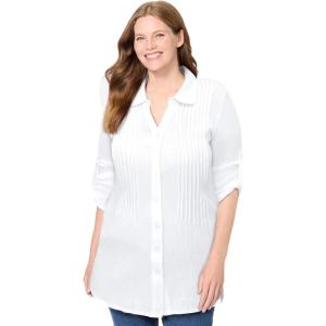Woman Within Plus Size Pintucked Button Down Gauze Shirt(White)